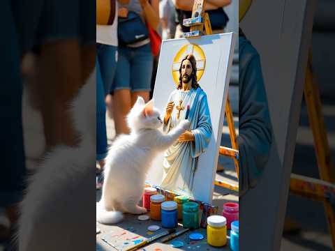 The Artist Cat Painting Jesus the Savior✝️🙏✝️🙏#jesus #jesuschrist #god #amen #shorts #edit #ai
