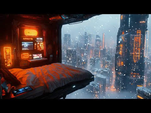 Cyberpunk Balcony Escape: Rain and Ambient Music | Floating Bedroom Over a Snowy Futuristic City