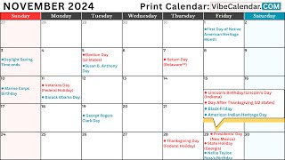 November 2024 Calendar with Holidays and Observances (All) #calendar #november #holiday