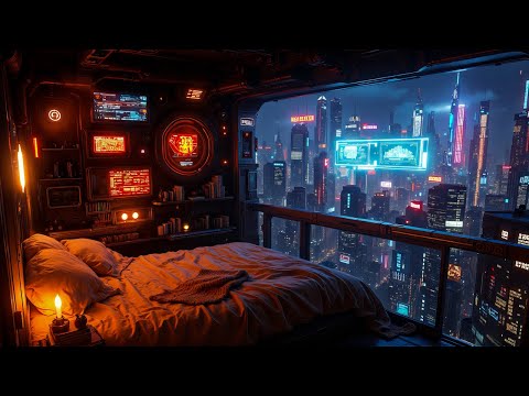 Futuristic Escape – Rain In A Cozy Room Above City Lights | For Sleep, Study, Or Relaxation | 4K