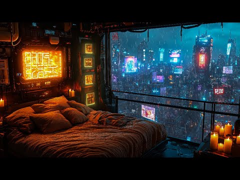 Cyberpunk Sleep Escape: Rain And Ambient Music | Cozy Balcony Bedroom In A Futuristic Skyrise