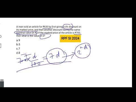 RPF SI 2024 | A man sold an article for ₹630 by first giving a d% discount...