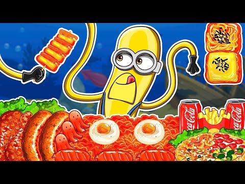ASMR 🍕 Minion eating SPICY NOODLES, TEOKKBOKI, PIZZA & FRIED CHICKEN | Tastytoon