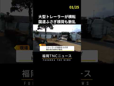 トレーラーが横転して国道ふさぐ　積荷の飼料も散乱し全面通行止めに　#shorts #福岡 #ニュース #横転