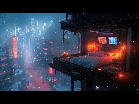 Cyberpunk Balcony View: Snow And Ambient Music | Winter Nights Over The Cyber Metropolis