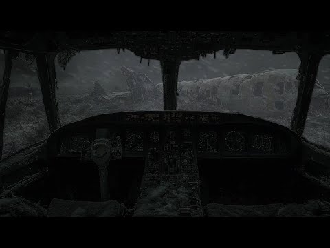 Cold winter night atmosphere in the cockpit of an old plane in the deserted mountains | Blizzard