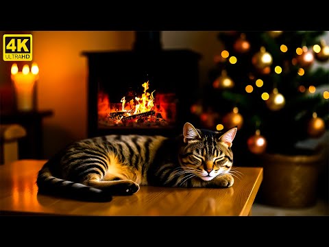Chill with a Cat by the Fireplace 4K | Birchwood Fire Sounds for Relax | Burning Flames Sounds