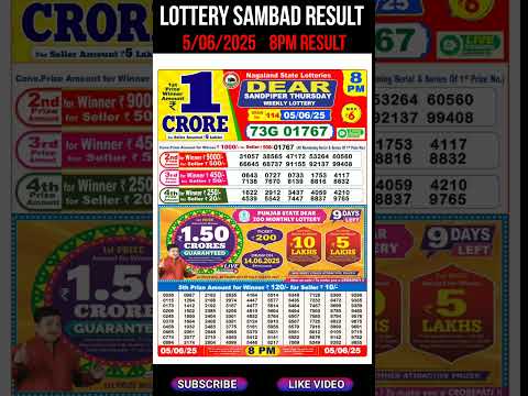 Nagaland State Dear Lottery Sambad Result Evening & Night 8PM Result 5.06.2025