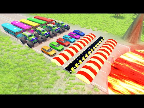 HT Gameplay # 5 | Cars & Monster Trucks vs Trap Giant Lava Pit Speed Ramps & Bus vs Red Speed Bumps