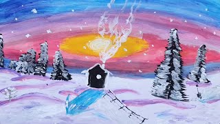 Acrilic Painting  🎨 WINTER SUNSET 🎨| How to Draw | Magic Paintings