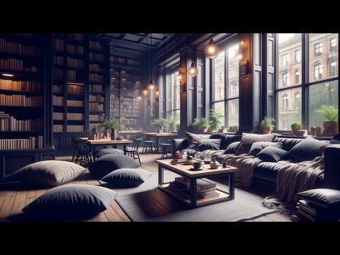 4K Rainy Day Bookstore: Soothing Jazz Music | Rain Ambience 📚