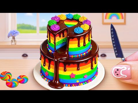 Mini Rainbow Cake Recipe With Melting Chocolate🍫
