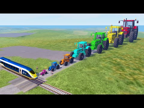 Big & Small Tractor Cars vs Train and Rail -  BeamNG.Drive 02