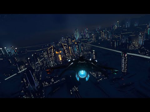 flying through an arctic city at night in star citizen