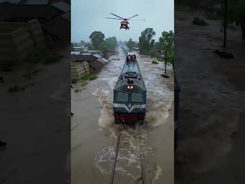 "Train Crossing Through Heavy Flood Water". #Ytshorts #Flood #TrainCrossing #NaturPower #villagelife