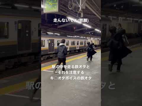 駅の中を走る鉄オタとそれを注意するキ○オタボイスの鉄オタ