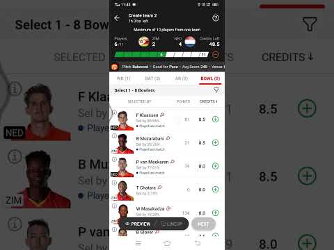 zim vs Ned odi match dream 11 predation