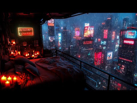 Cyberpunk Night Escape: Rain and Ambient Music | Cozy Futuristic Bedroom Above the City
