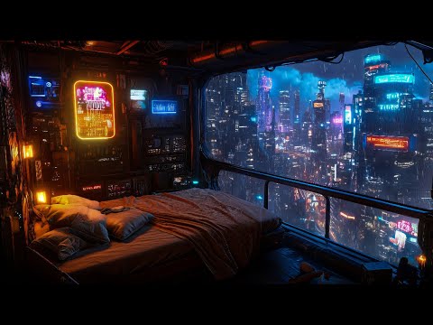 Cyberpunk Serenity: Rain And Ambient Music | Cozy Bedroom In The Sky Above Neon Lights