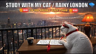 2HOUR STUDY WITH CAT | Calm Piano ️🎹 Rain Sound |POMODORO 50/10 | Rainy LONDON🌸 🚫NO ADS🚫