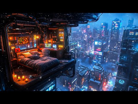 Cyberpunk Snow Escape: Snow and Ambient Music | Cozy Balcony Room in the Future City