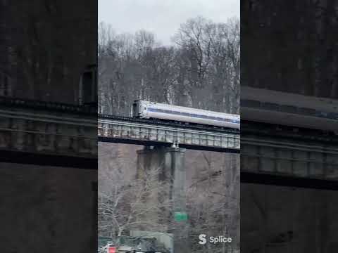Train going over bridge