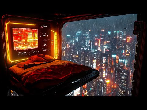 Cyberpunk Nightfall: Ambient Music For Relaxation | Floating Bedroom Above The Futuristic Metropo...