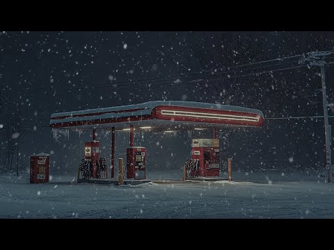 Cozy Snowfall at an Empty Gas Station | Winter Night Ambiance and Snowstorm Sounds | Howling Wind