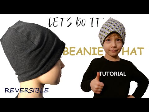 HOW TO MAKE AN EASY REVERSIBLE JERSEY HAT! DIY tutorial using overlocker. For both kids and adults!