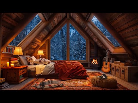 Attic Bedroom on a Winter Night: Cozy Cabin Ambience with the Sound of a Burning Fireplace | ASMR