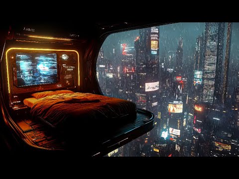 Cyberpunk Skyrise Escape: Rain And Relaxing Music | Cozy Bedroom In A Futuristic City