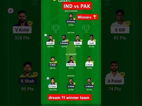 IND vs Pak 🔥🏆 || Dream11 Winning Team   #dream11 #cricket