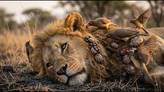 Lion Covered in Thousands of Ticks | Oxpecker Bird Comes to the Rescue