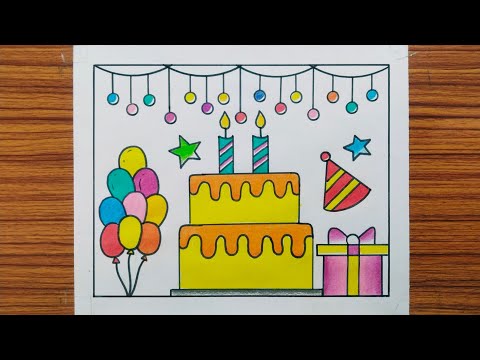 Happy Birthday Drawing Card / Birthday Card Drawing / Birthday Cake Drawing Easy Steps