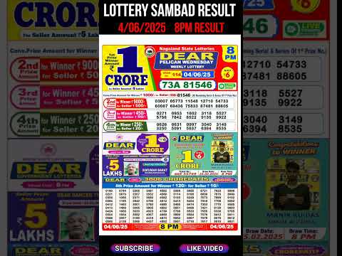 Nagaland State Dear Lottery Sambad Result Evening & Night 8PM Result 4.06.2025