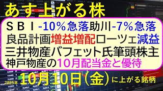 あす上がる株　2025年１０月１４日（火）に上がる銘柄。ＳＢＩ-10％急落、助川-7％急落、良品計画増益増配、ローツェ減益。三井物産バフェット筆頭株主～最新の日本株情報。高配当株の株価やデイトレ情報～
