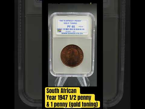 South African 1947 1 Penny with gold toning and 1947 1/2 Penny Grade coins. #coin #coincollector