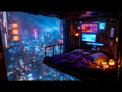Cyberpunk Sleep Sanctuary: Rain And Ambient Sounds | Cozy Futuristic Room Above Neon Streets
