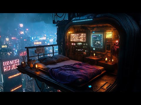 Cyberpunk Balcony Escape: Rain And Ambient Music | Cozy Futuristic Bedroom For Deep Relaxation