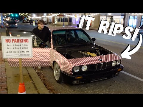 late night rip in my s54 swapped e30 (we wrapped it for Christmas)