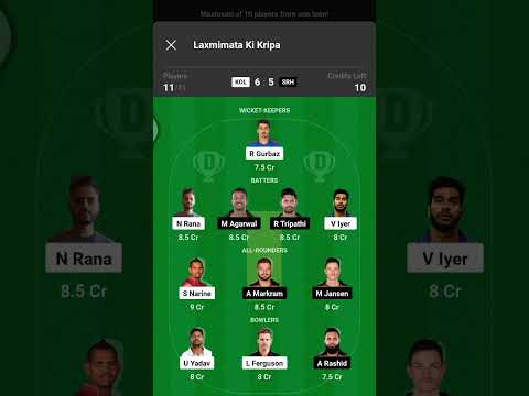 KKR VS SRH IPL MATCH NO 19 DREAM 11 TEAM PREDICTION GL AND H2H