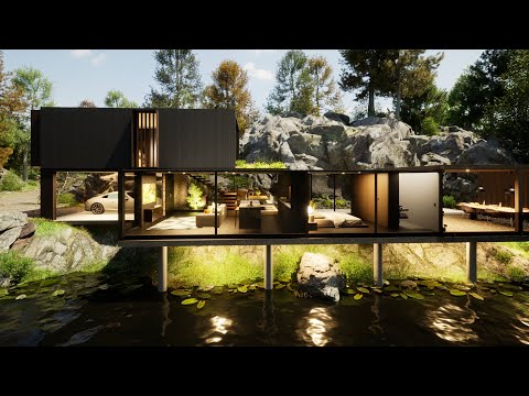 Shipping container house by the lake, open plan living space and amazing interior design