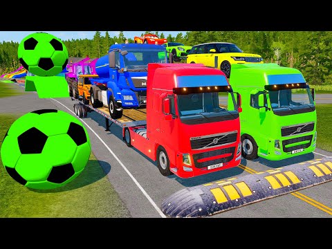Flatbed Trailer McQueen Transportation with Truck - Speedbumps vs Cars vs Train - BeamNG.Drive #3