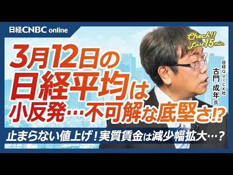 春闘満額回答相次ぐ、日銀利上げは？│NQN古門成年氏【3月12日(水)東京株式市場】日経平均株価は小反発、不可解な底堅さ／米国株テラダイン急落、日本株アドテストも／止まらぬ値上げ、実質賃金は減少幅拡大