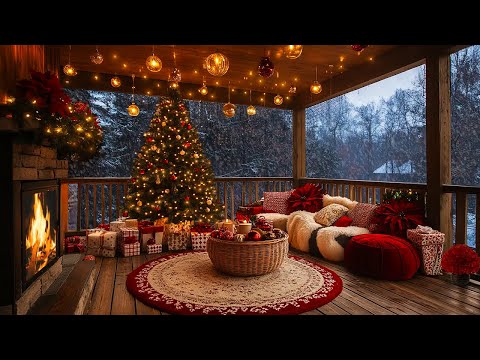 Christmas Eve on the balcony on a winter night 🎅🎄| Crackling fireplace and peaceful snowfall ❄️