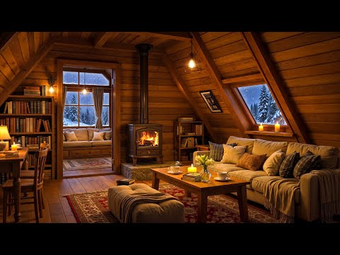 Snowfall by the Window | Smooth Jazz with Crackling Fireplace in Cozy Cabin Ambience to Relax