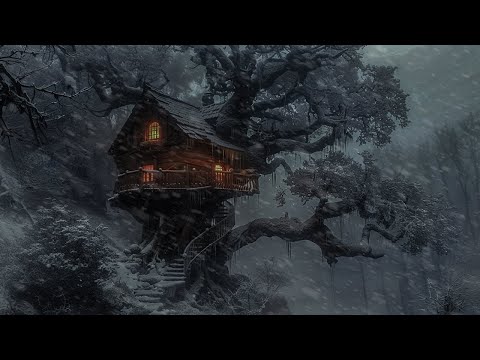 Shelter in the tree house at night in the wild winter forest | Howling Wind & Blowing Snow | ASMR