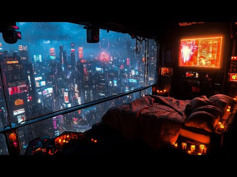 Futuristic Escape – Chill Rainy Ambience from a Cozy Balcony | For Sleep, Study, or Relaxation | 4K