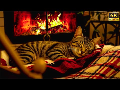 Warm Fireplace Sounds with Purring Cat Sounds for TV | Birchwood Fire Sounds for Calm Nights