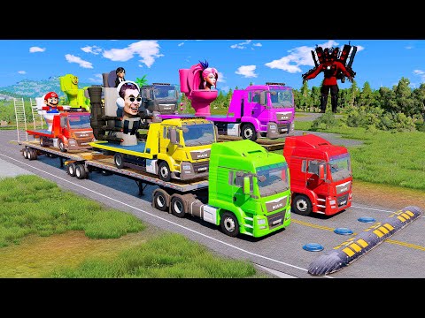 Double Flatbed Trailer Truck vs Speedbumps vs Cars - Bollard vs Deep Water Beamng.Drive 02